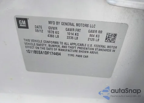 2013 Chevrolet Malibu 1Ls из США, поврежденный, VIN 1G11B5SA1DF174494